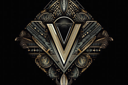letter v, geometric patterns style, on black background, created with generative aiの素材