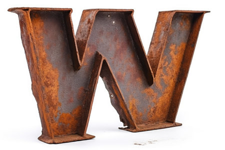 letter w, from rusty metal, on white background, created with generative aiの素材