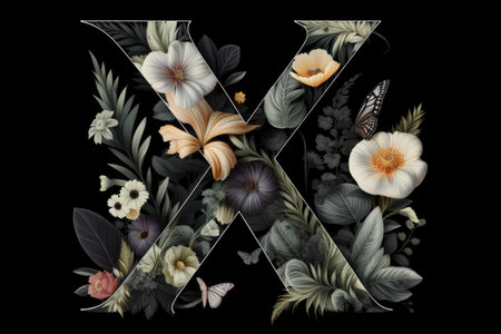 letter x, floral and botanical style, on black background, created with generative aiの素材