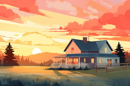 modern farmhouse against sunrise backdrop, magazine style illustration, created with generative aiの素材