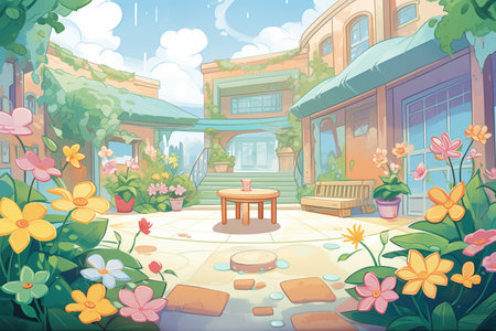 flower-filled courtyard of a cancer care center, created with generative aiの素材