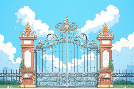 intricately designed wrought-iron park gates against a clear blue sky, created with generative aiの素材