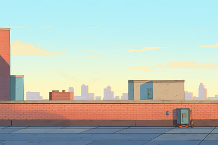 empty rooftop ledge with skyscraper shadow at dusk, created with generative aiの素材