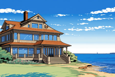 two-story shingle style house under clear blue sky, ocean in the back, magazine style illustration, created with generative aiの素材