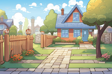 craftsman homes stone path with wood fence alongside, magazine style illustration, created with generative aiの素材