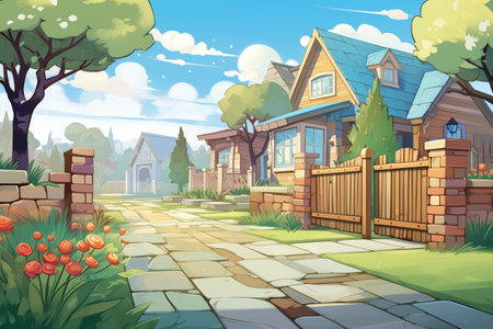craftsman homes stone path with wood fence alongside, magazine style illustration, created with generative aiの素材