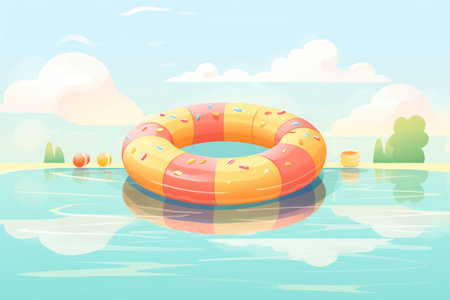 giant inflatable pool ring floating on calm water, created with generative aiの素材