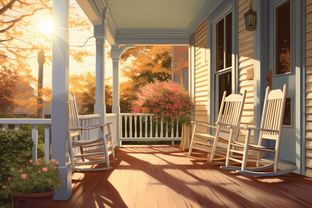 farmhouse porch with rocking chairs in early morning light, magazine style illustration, created with generative aiの素材