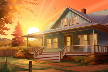 sunrise beams illuminating farmhouse and porch, magazine style illustration, created with generative aiの素材