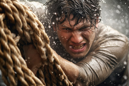 close-up of a sailor struggling with wet ropes, created with generative aiの素材
