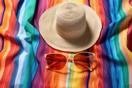 top view of sandglass next to a beach hat and sunglasses on colorful sarong, created with generative aiの素材