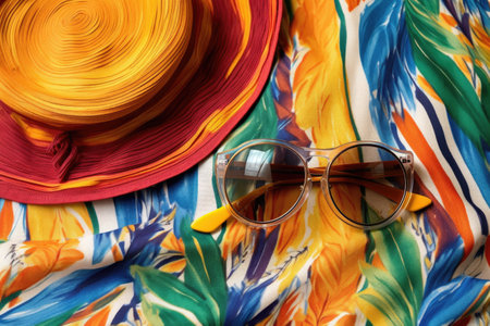 top view of sandglass next to a beach hat and sunglasses on colorful sarong, created with generative aiの素材