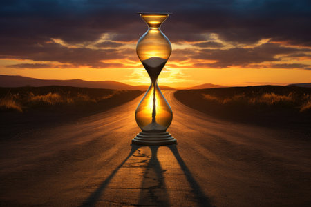 sandglass standing on an empty, winding road during a sunrise, created with generative aiの素材