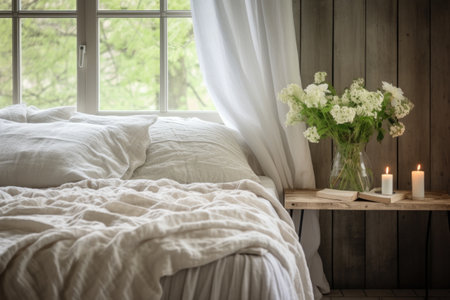 shot of a scandinavian bedroom with white linens and a soft lamp, created with generative aiの素材