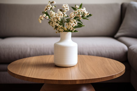 close-up of a wooden scandinavian coffee table with a white vase, created with generative aiの素材