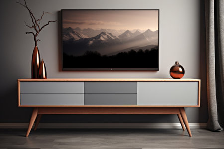 a shot of a simplistic scandinavian-style tv stand with a flat-screen tv, created with generative aiの素材