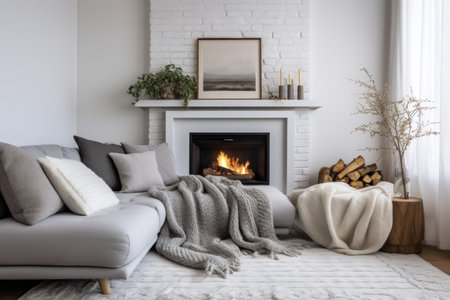 a living room with a soft grey couch, a knitted throw blanket, and a white brick fireplace, created with generative aiの素材