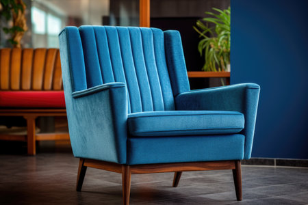 detailed shot of a vintage scandinavian armchair with blue upholstery, created with generative aiの素材