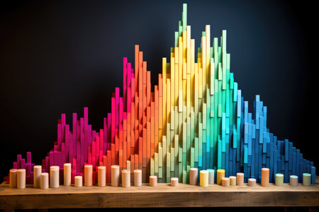 a bar chart made out of stacked colorful blocks on a desk, created with generative aiの素材