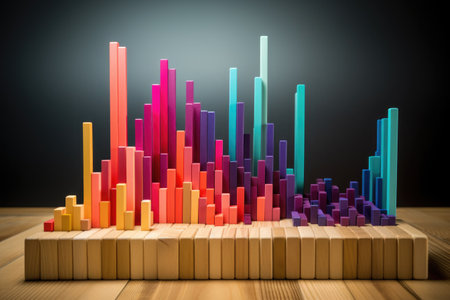 a bar chart made out of stacked colorful blocks on a desk, created with generative aiの素材
