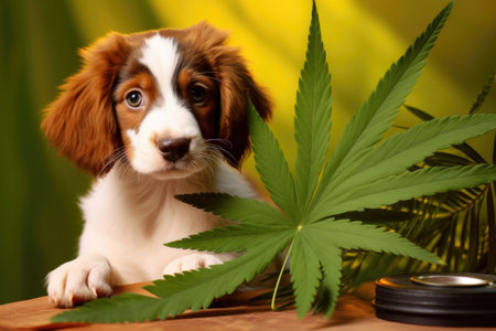 close-up of a cannabis leaf with a pet first-aid kit in the background, created with generative aiの素材