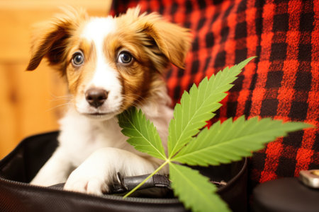 close-up of a cannabis leaf with a pet first-aid kit in the background, created with generative aiの素材