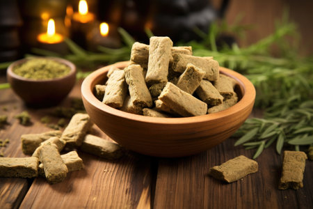 hemp-based dog treats on a wooden table, created with generative aiの素材