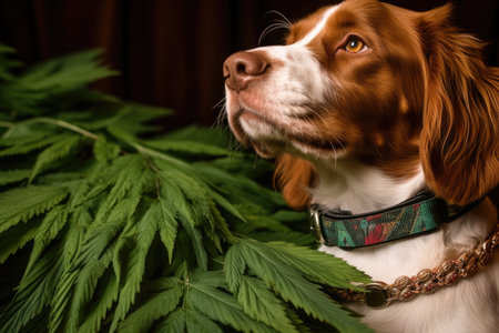 close-up of cannabis leaves next to a pet collar, created with generative aiの素材