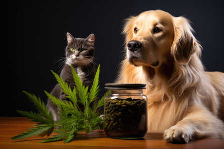 veterinary cannabis oil bottle next to a pets bowl, created with generative aiの素材