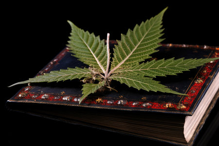 close-up of a cannabis leaf on a book about animal treatments, created with generative aiの素材