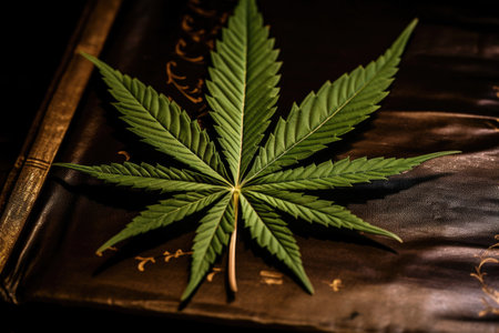 close-up of a cannabis leaf on a book about animal treatments, created with generative aiの素材