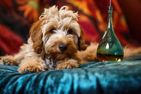 close-up of cannabis oil dropper on pet bed, created with generative aiの素材