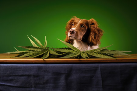 a cannabis leaf resting on a veterinary examination table, created with generative aiの素材