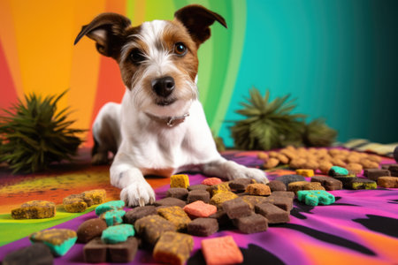 cannabis infused pet treats on a colorful pet mat, created with generative aiの素材