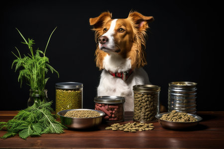 cannabis plant next to a variety of pet food cans, created with generative aiの素材