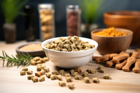 hemp dog treats neatly arranged next to a pet water bowl, created with generative aiの素材