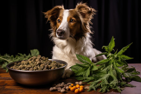 cannabis-infused pet food in a bowl with hemp leaves around, created with generative aiの素材