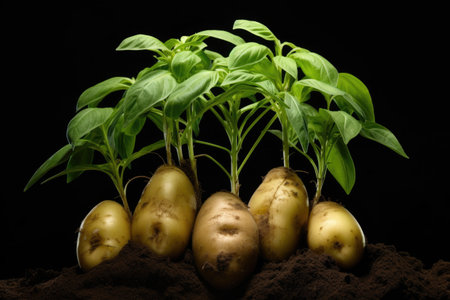 a potato sprouting multiple shoots underground, created with generative aiの素材