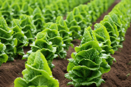 a row of lettuce heads growing in a zigzag pattern, created with generative aiの素材