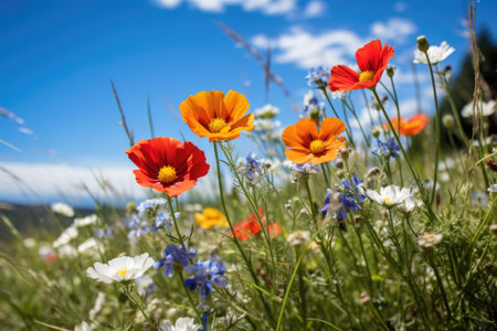 bright wildflowers blooming in contrast with the surrounding ash, created with generative aiの素材