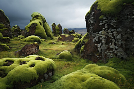 moss-covered lava stones on a volcanic field, created with generative aiの素材
