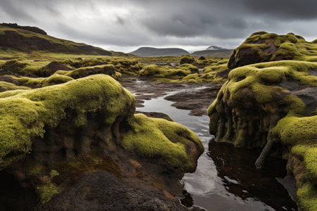 moss-covered lava stones on a volcanic field, created with generative aiの素材