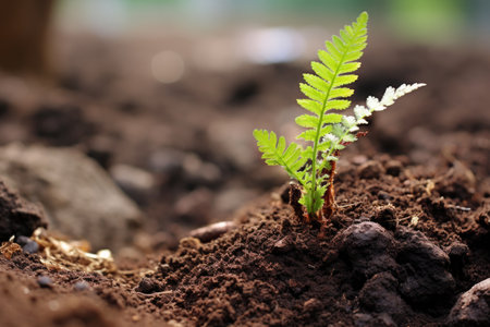 close-up of fern sprouting from ash-covered soil, created with generative aiの素材