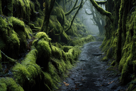 mossy path leading through a forest on volcanic ash, created with generative aiの素材