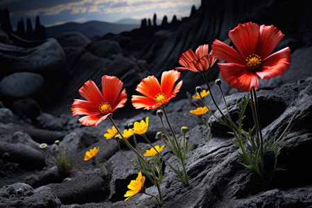 bright wildflowers blooming against the contrast of dark volcanic ash, created with generative aiの素材