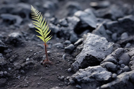 close-up of a lone fern emerging from a black volcanic ash field, created with generative aiの素材
