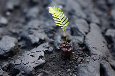 close-up of a lone fern emerging from a black volcanic ash field, created with generative aiの素材