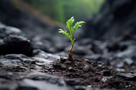 close-up of a single green plant sprouting from dark volcanic ash, created with generative aiの素材
