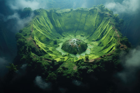 aerial view of a volcano, with green vegetation starting to grow around it, created with generative aiの素材