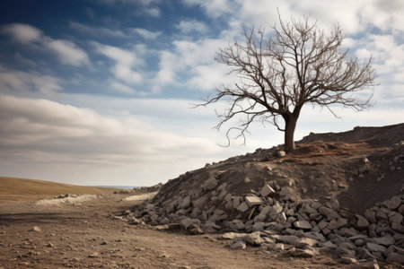 a lone tree growing on a barren ash hill, created with generative aiの素材